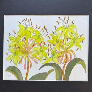 PAINTING WATERCOLOR 11X14 & BLACK MAT 16X20 FLOWER HONEYSUCKLE YELLOW GREEN PINK